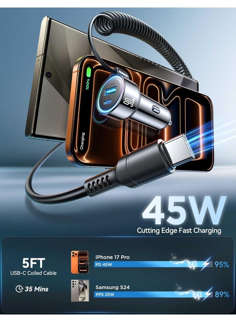 شاحن سيارة USB C 90W لـ iPhone 17/16 Pro Max، PD و QC3.0 مع كبل مُلتف نوع 45W بطول 5 أقدام، محول شحن سريع للهاتف في السيارة لـ iPhone 17Air/15 Pro، سامسونغ جالاكسي S25/S24/S23، بيكسل 10/LG/أندرويد، أيد باد - Image 4